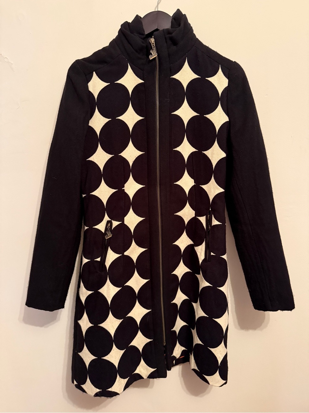Desigual Black and Cream Circle-Print Zip Front Trench Coat
